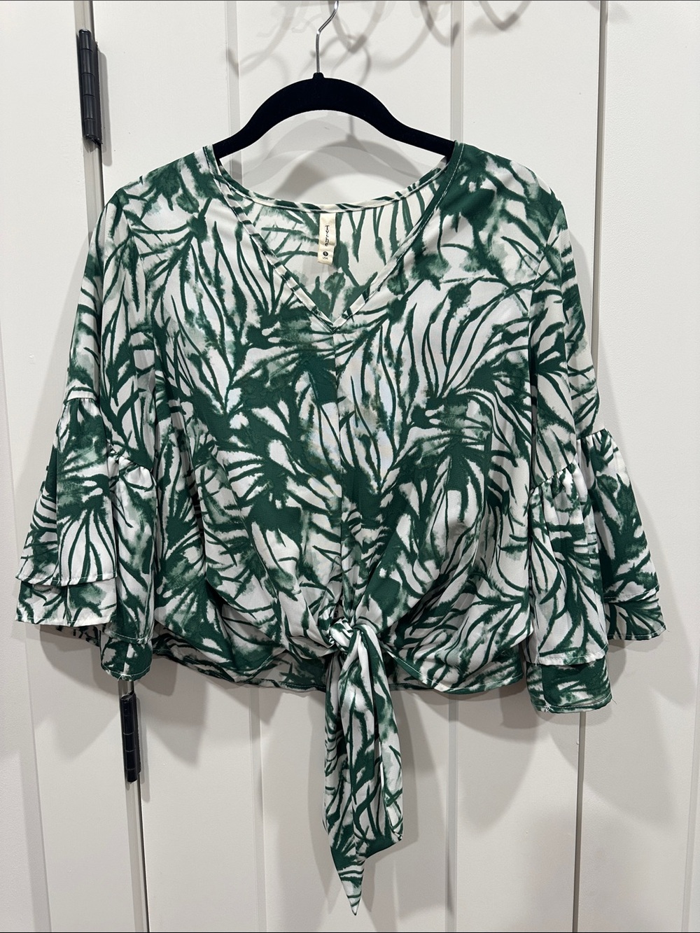 Tyche Green and White Tie-Front V-Neck Palm-Print Blouse